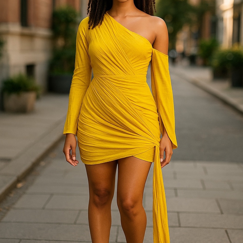 Yellow One-Shoulder Bell Sleeve Cocktail Dress